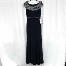 NWT Xscape Black Trumpet Wide Neck Gown w White & Silver Beading Women’s Sz 8
