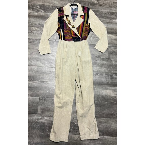 Vintage Oscar & Me Jumpsuit 80s Geometric Stripe Studded Tan Long Sleeve Size 10