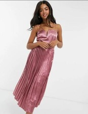 Little Mistress Damen Satin Midikleid Kleid Faltenrock Plissee pink rosa Gr.34