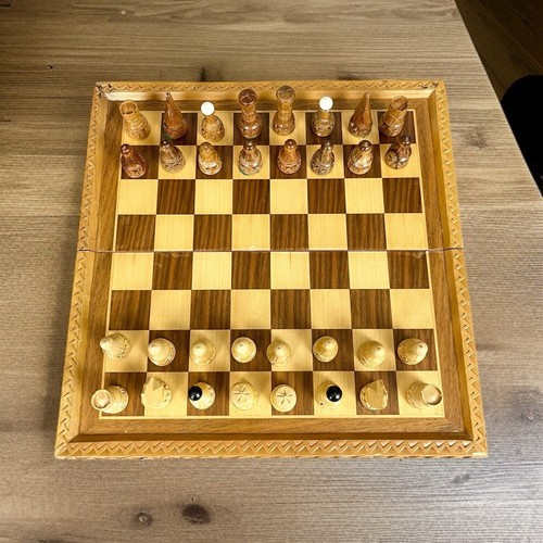 Vintage Hand Carved Chess Set with Fancy Edge Folding Case - Picture 4 of 16