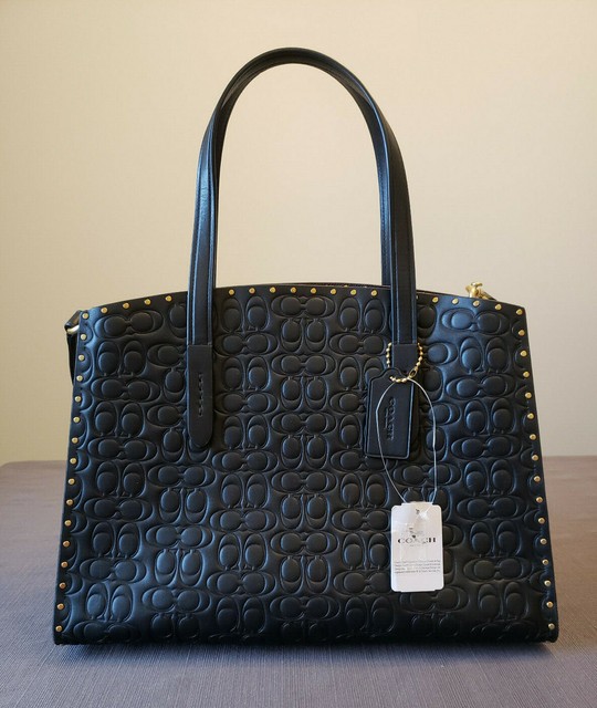 Coach Charlie Carryall in Signature Embossed Leather With Rivets Black-gold for sale online | eBay