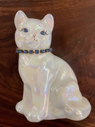 Vintage Fenton Glass Cat Sapphire Crystal Birthstone Figurine White Signed