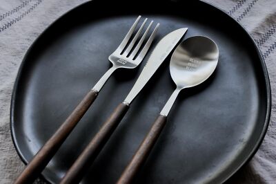 Fun Lightweight Stainless Steel Flatware Set with Walnut 1 Set NOM CHOP SLURP