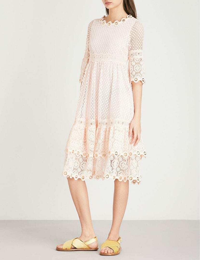 NEW MAJE Sz 3 Dress Pink Roso Guipure Lace Rose Lace Ruffle Eyelets 3/4  Sleeves