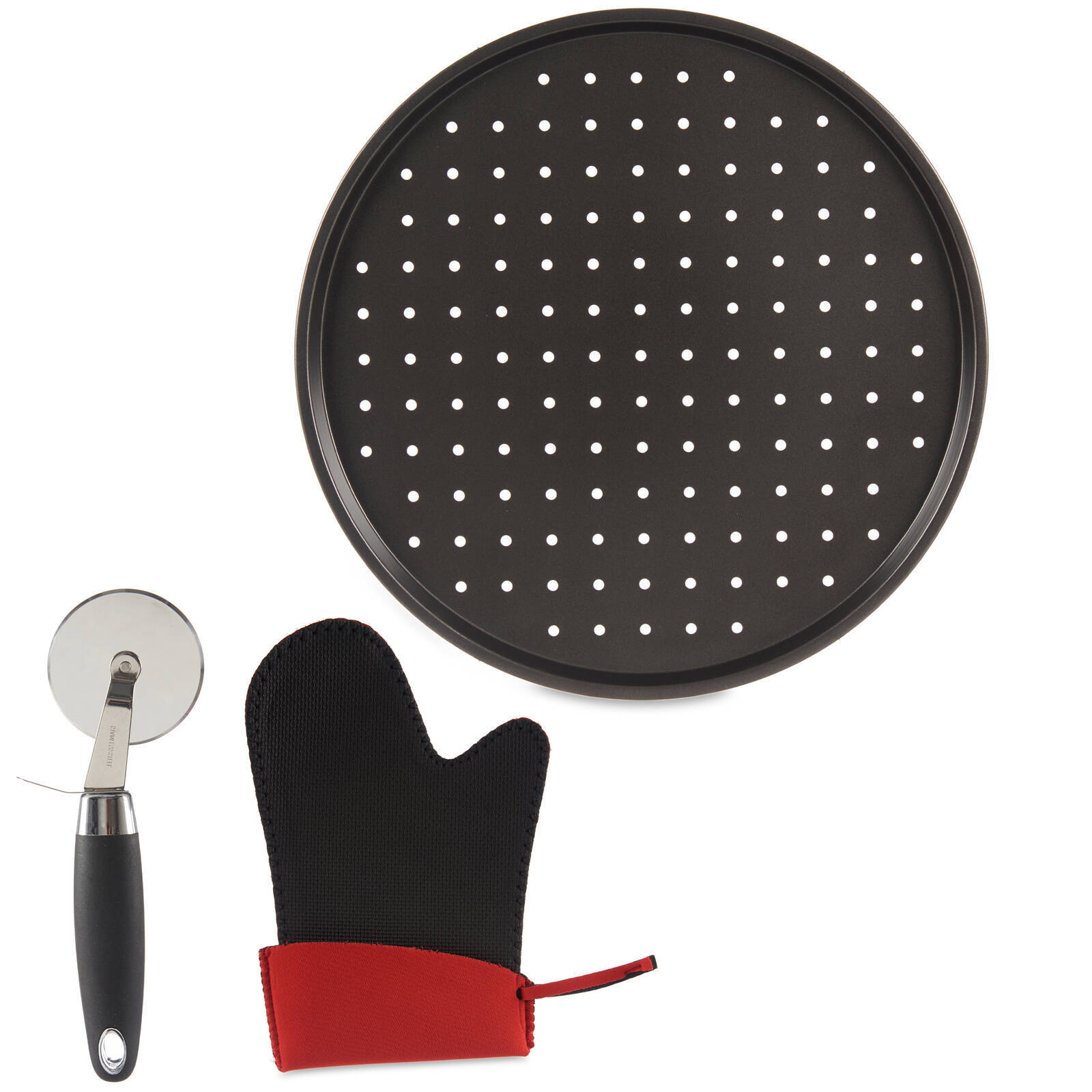 Juego de pizza: chapa Ø 32 cm, cuchillo de pizza y guante