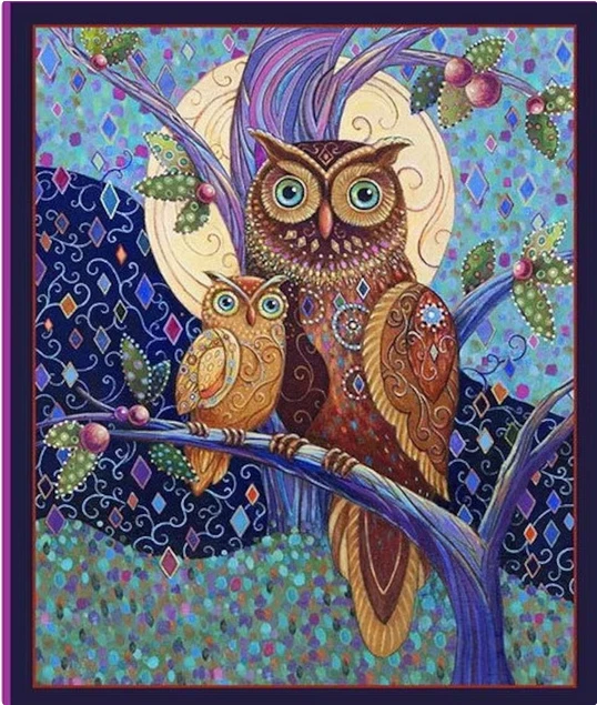 Owl Bird Fabric Owls Perched in Tree Opulent Owls Cotton QT 36"X44" Panel