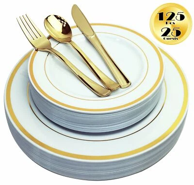 JL PRIME 125 Piece Gold Plastic Plates & Cutlery Set - Elegant Party Plates & Utensils
