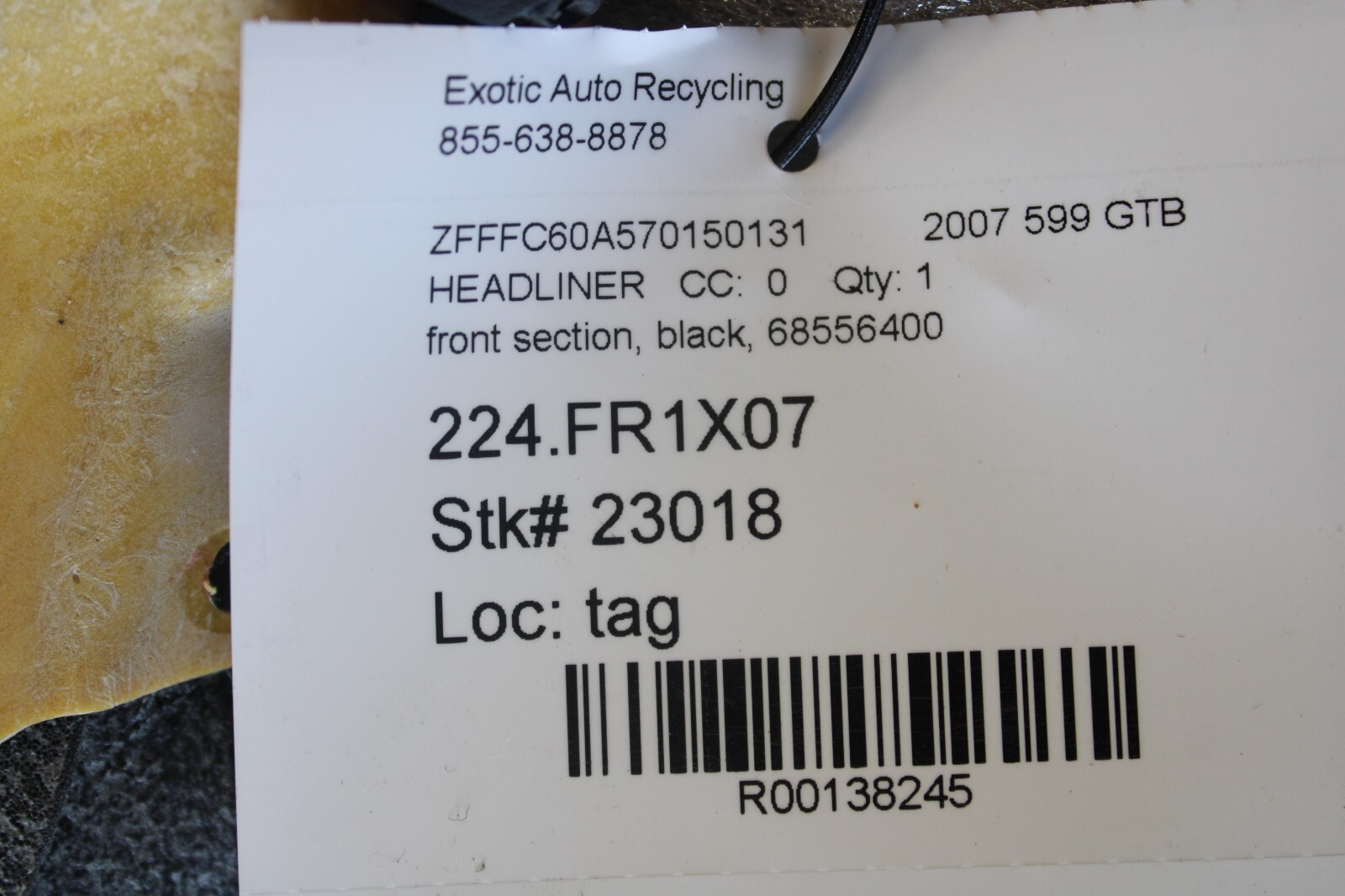 Ferrari 599 GTB, Visor / Roof Trim Panel, Used, P/N 68556400