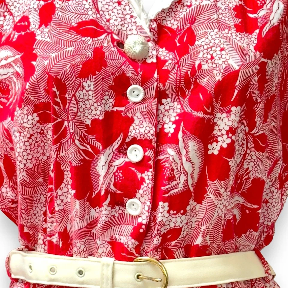 Vestido Camisa Vintage Años 50 Tiki Mode O’Day Rojo Tropical Floral Ajuste y Acampanado Encaje S Foto 4 de 4