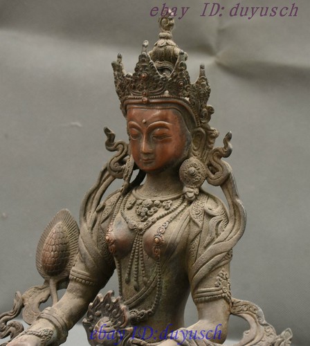 12" Collect Tibetan Buddhism Bronze Tara GuanYin Kwan-yin Goddess Buddha Statue - Picture 8 of 12
