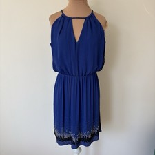 Parker Blue Silk Bead Embellished Keyhole Neck Blouson Mini Dress Size Medium
