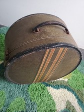 Vintage Antique Stripe Fabric Metal Clasp Leather Handle Circular Hat Box