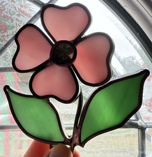 Vintage Stained Glass Flower w Leaves Hanging Window Suncatcher Wall Art