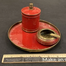 RED Vtg 1930s PARK SHERMAN Cigarette Ash Tray Canister Dispenser Brass Art Deco