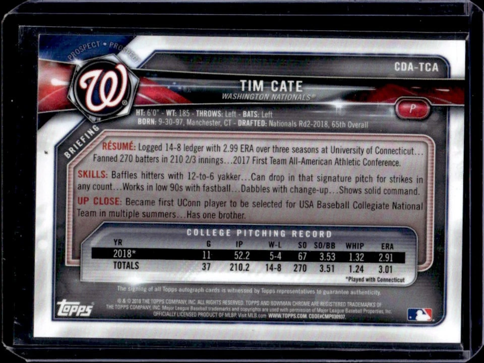 2018 Bowman Draft Tim Cate Chrome Auto 1st Prospect Gold Wave Refractor #8/50 - Image 2 of 2