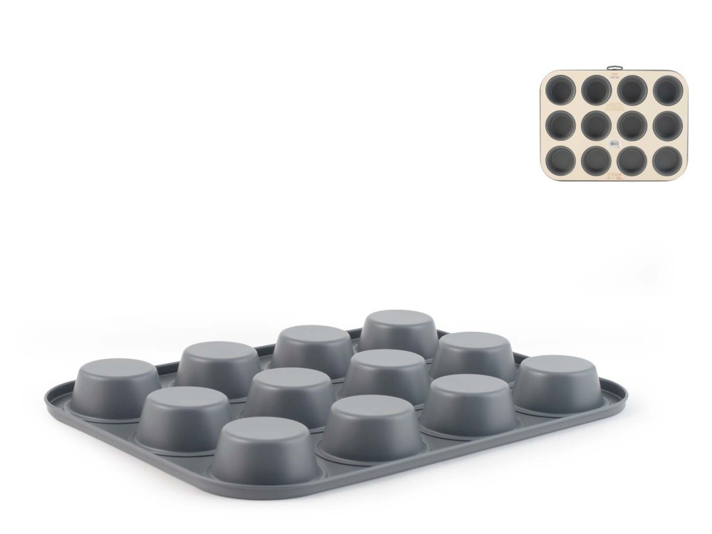 H&H 12-Cavity Muffin Pan Deli Chef Aluminum Nonstick Coating Grey