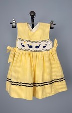 Vintage Little Follies Yellow Striped Seersucker Dress Size 2 Whale Embroidery