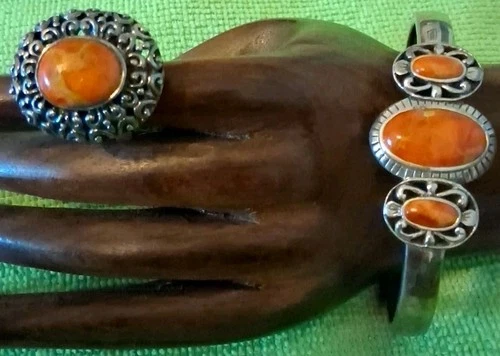 Vintage Sterling Silver Cuff Bracelet W/Coral Stones & Same Ring ~Signed 925 NK~
