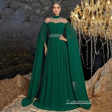 Formal Evening Gowns High Neck Sleeve Cape Beading Sweep Train Chiffon PromDress