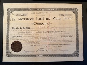 Land Grant Certificate from Merrimack Land and Water Power Company 1885