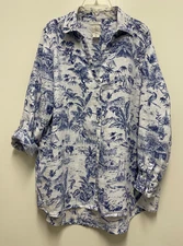 JOIE Blouse-White 100% Linen, Long Roll/Tab Sleeve, Blue Tropical Design, Medium