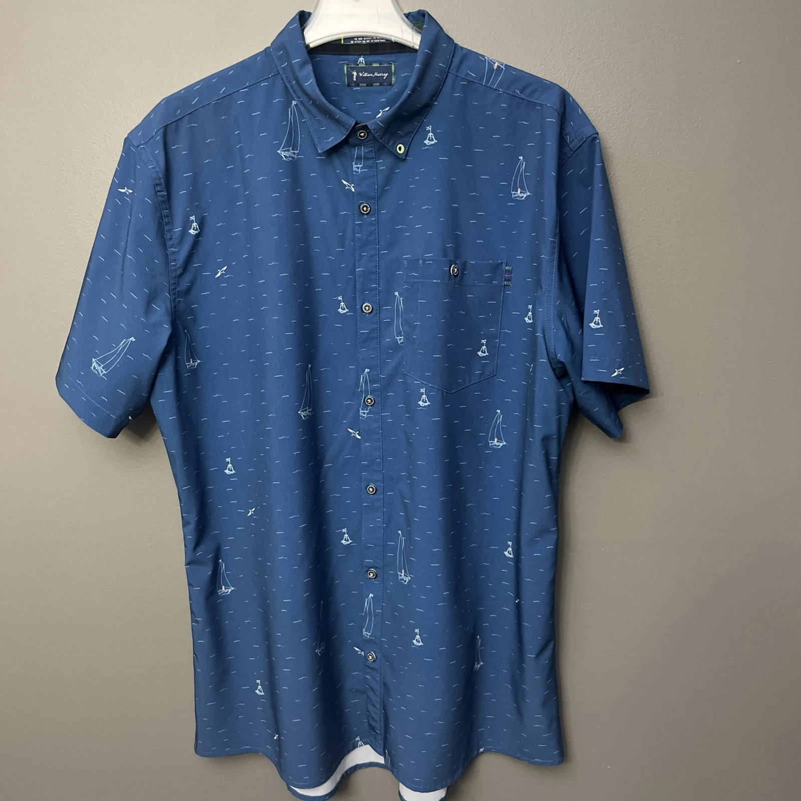 William Murray Shirt Mens Blue Nautical Short Sleeve Button Down Stretch XL