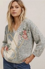 Vintage 80s Shenanigans Floral Applique Sweater Rope Knit Grandma Cottagecore L