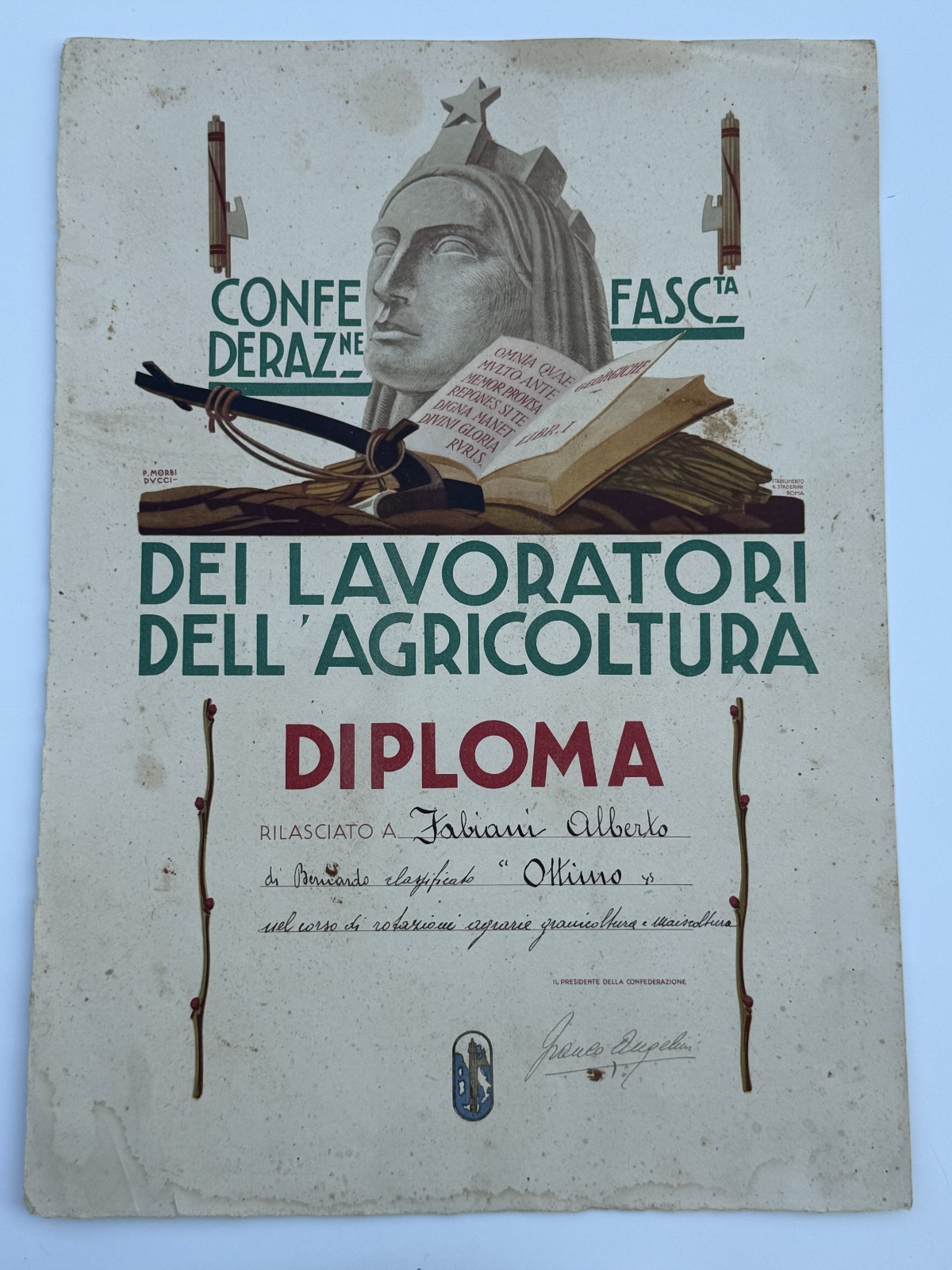 Confederazione Fascista Agricoltori- grande diploma- Publio Morbiducci