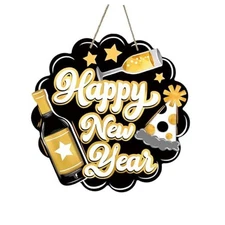 Happy New Year 2026 Front Door Sign, Black Gold Champagne Hat Wood Hanger 