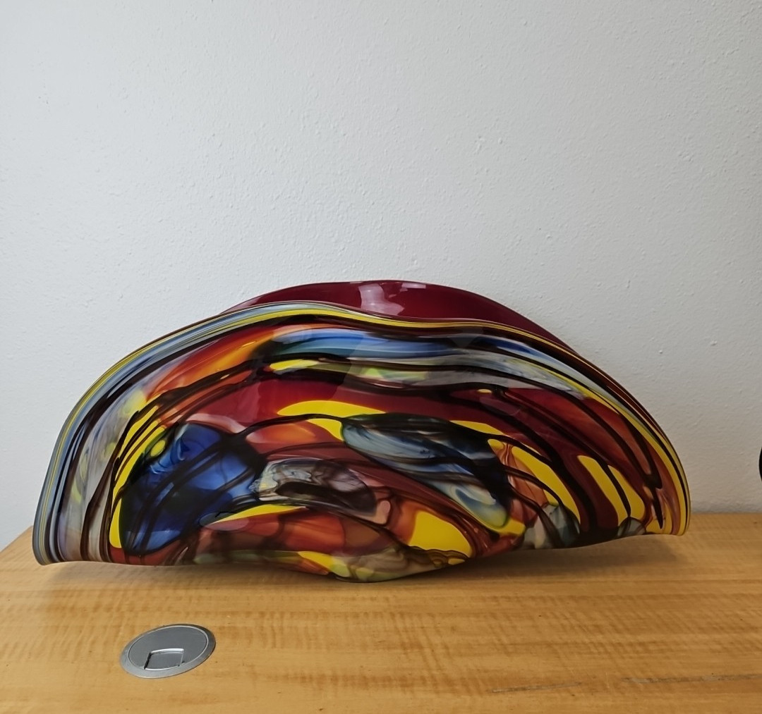 Centerpiece Hand Blown LARGE Art Glass Bowl Vase Heavy Red, multicolor, 23 1/8