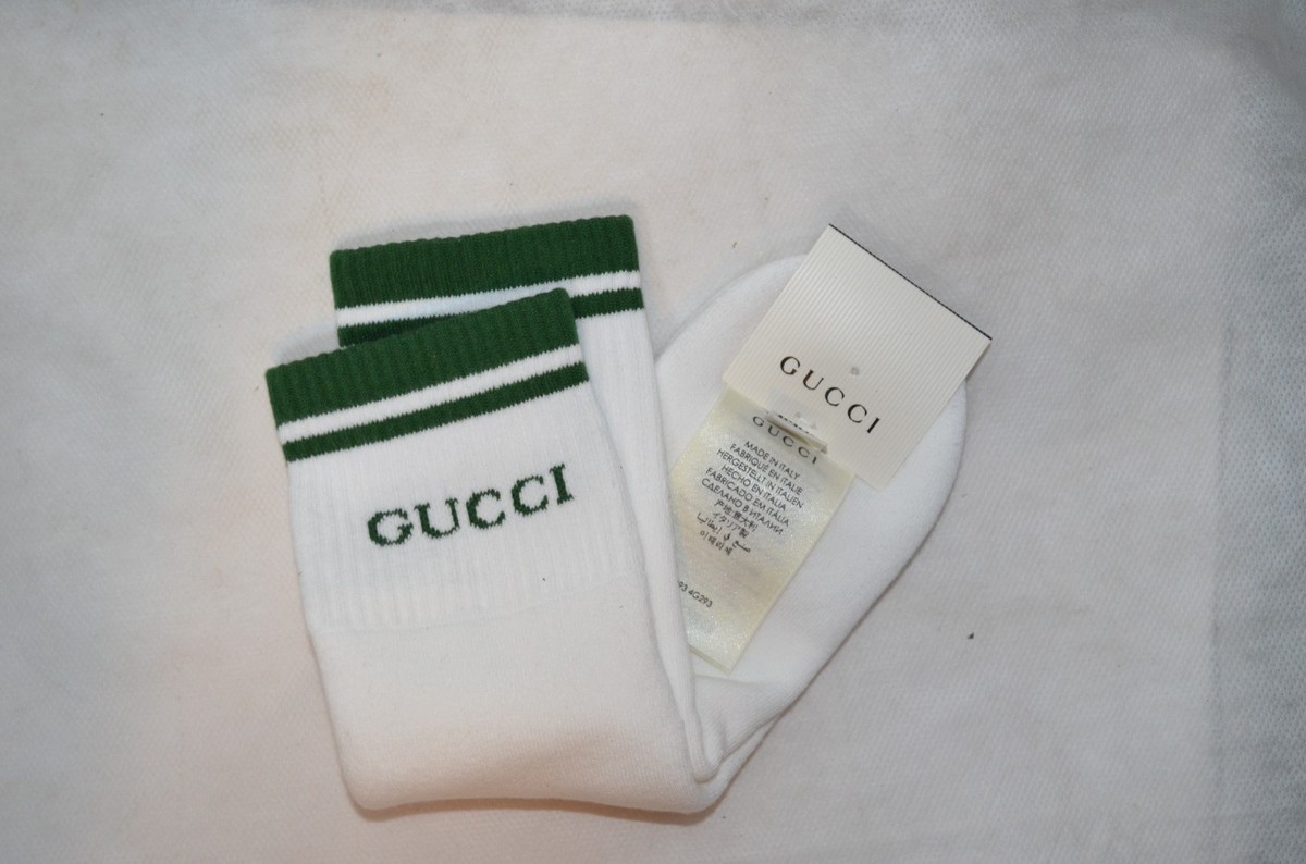 Mens GUCCI Interlocking Mid-Calf White Green Striped Socks Size M