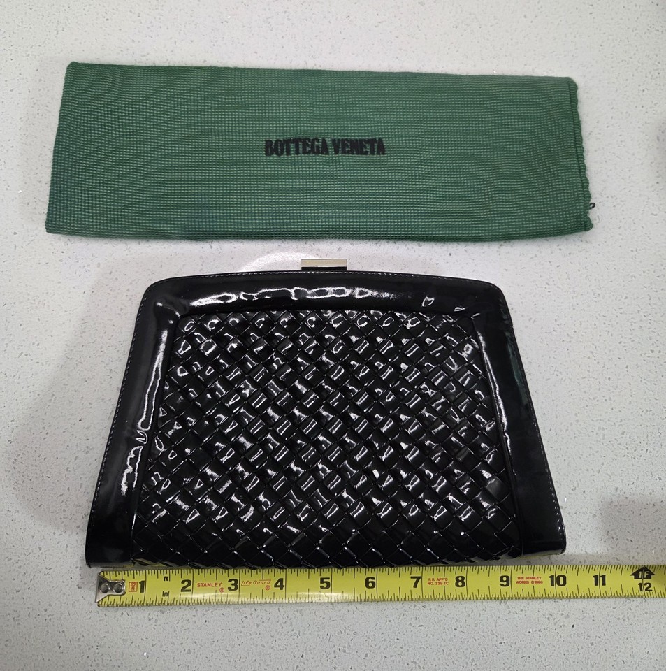 VTG Bottega Veneta Intrecciato Black Woven Patent Leather Clutch Bag 10"x6" READ