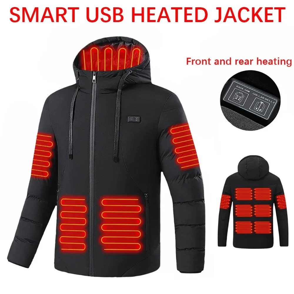 Black Heated down jacket Men Women Winter hooded jacket waterproof smart Usb image 4