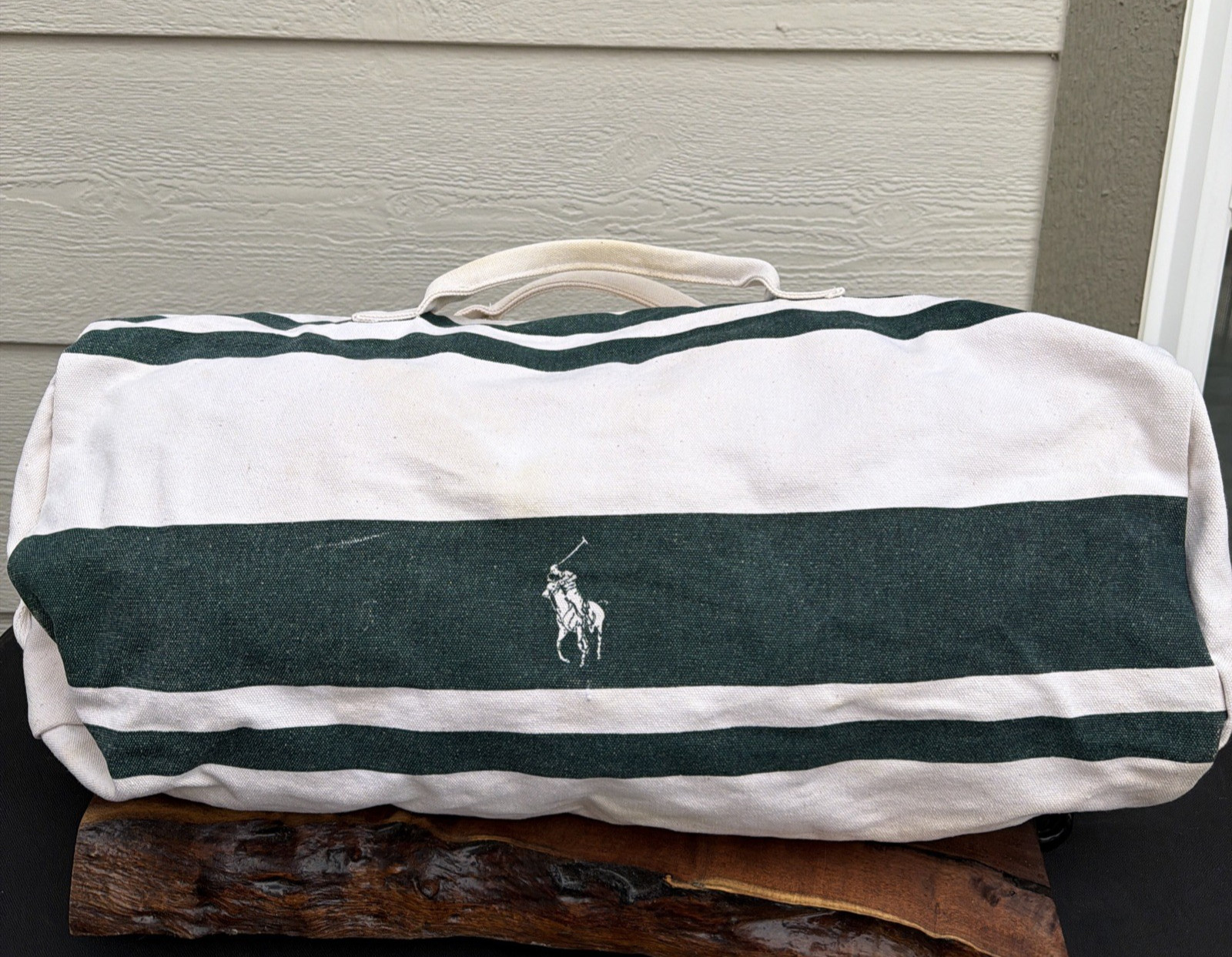 Vintage Polo Ralph Lauren White w/ Green Stripes Canvas Duffle Gym Bag 24x10x10"