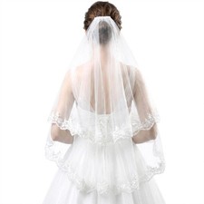 White Lace Bridal Wedding Veil with Comb, 2 Tier Floral Edge Bridal Veils