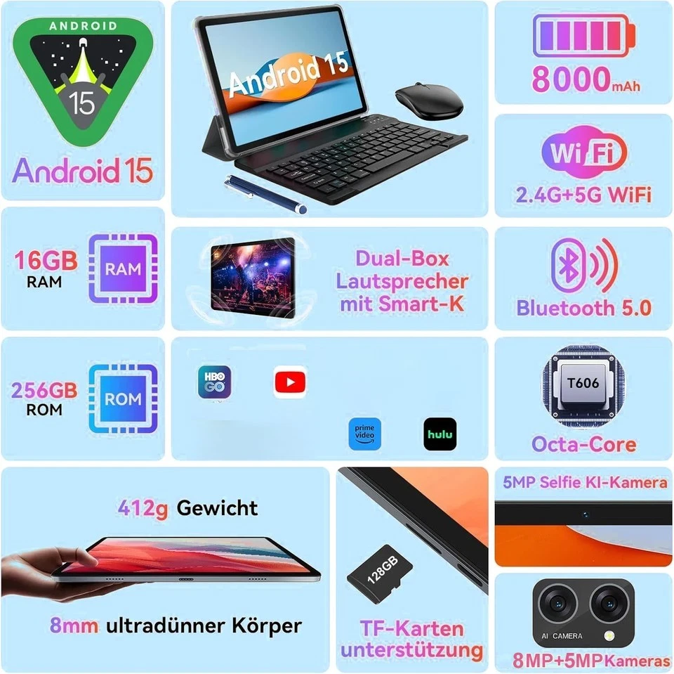2025 Neueste Tablet 16GB RAM 256GB ROM Android 15 Octa-Core 8000mAh 1920*1200 PC - Bild 2 von 4