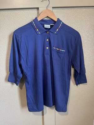 Vintage Leon Levin Blue Polo Top with Colorful Embroidery   Size M