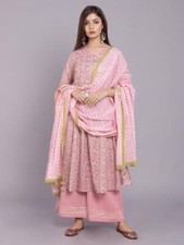 Women Fancy Pure Cotton 3/4 Sleeve Round Neck Daily Wear Kurta Palazzo Duppata