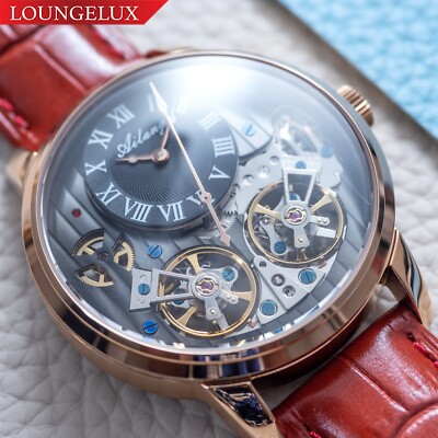 Mens Double Flywheel Skeleton Automatic Mechanical Watch Rose Gold Red Leather