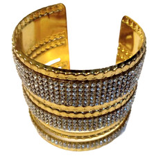 Rhinestone Wide Cuff Open Bracelet Womens Gold Tone 3.5 Inch Fashion Jewelry