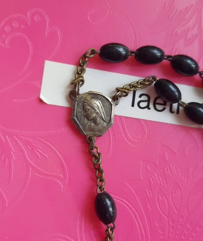 R19106 Ancien Chapelet De Lourdes Bois Noir Et Métal Jésus Marie Religion - Photo 3/4
