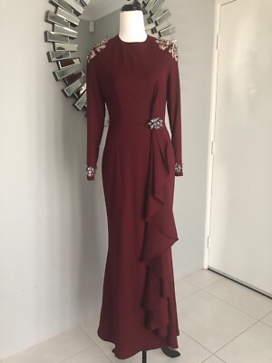 Preloved Modest Formal Long-sleeve Dress with Intricate Beading, Maroon  Size S | eBay Australia