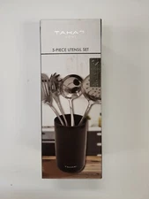 Tahari Home 5 Piece Utensil Set with Ceramic Crock - Black