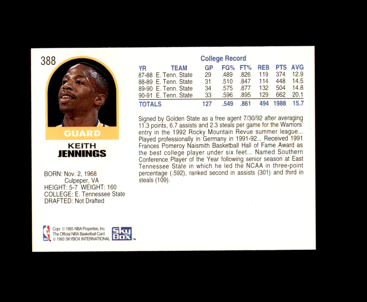 1992-93 Hoops #388 Keith Jennings RC Golden State Warriors | eBay