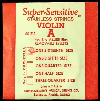 NEW Super Sensitive Brand Violin A String for 1/16th Size Violin - Great Price!!