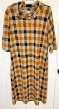 TACERA 3/4 SLEEVE DRESS COWL NECK SIZE LARGE GOLD BLACK PLAID EUC