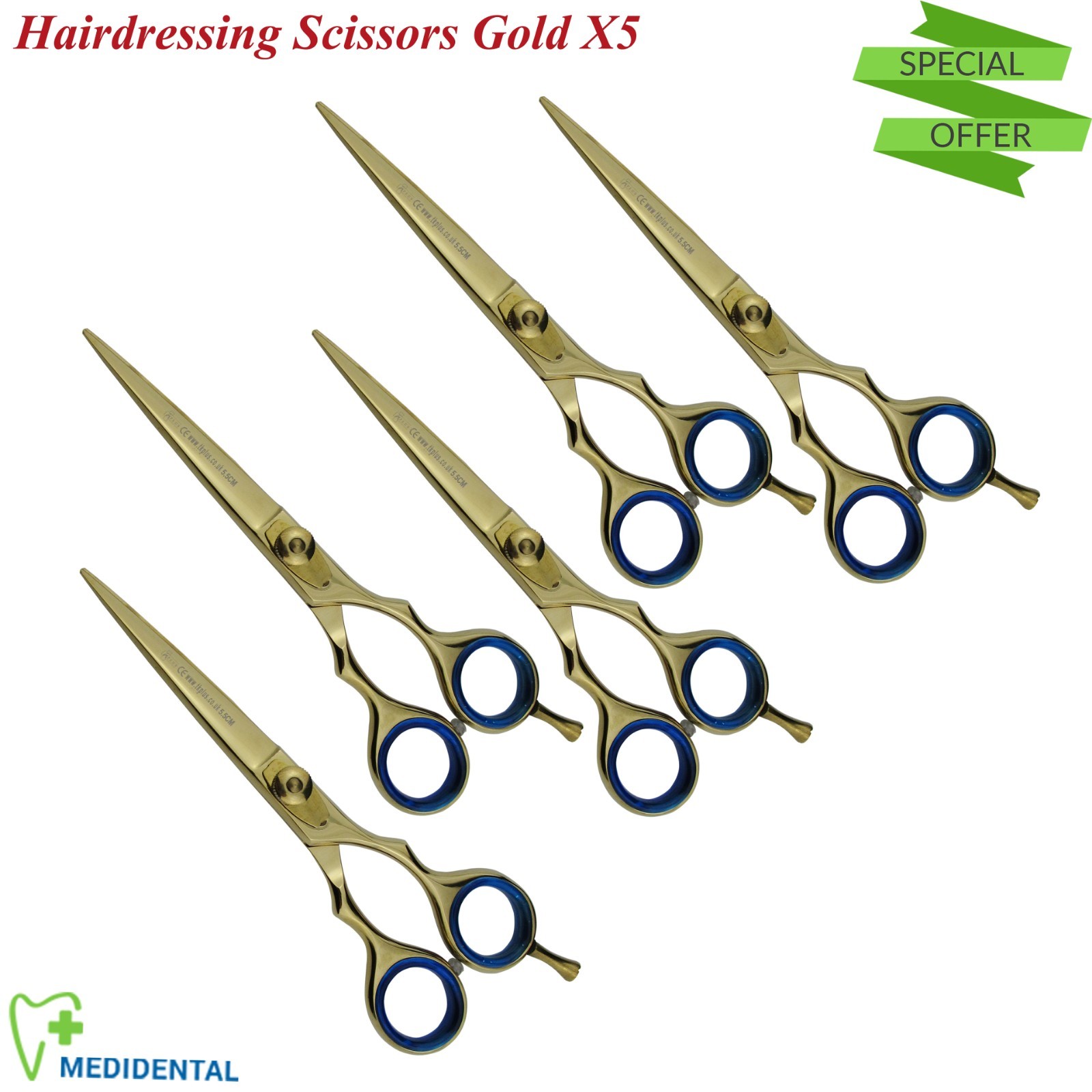 Juego de 5 tijeras de corte de pelo doradas para peluquería reposapiés desmontables