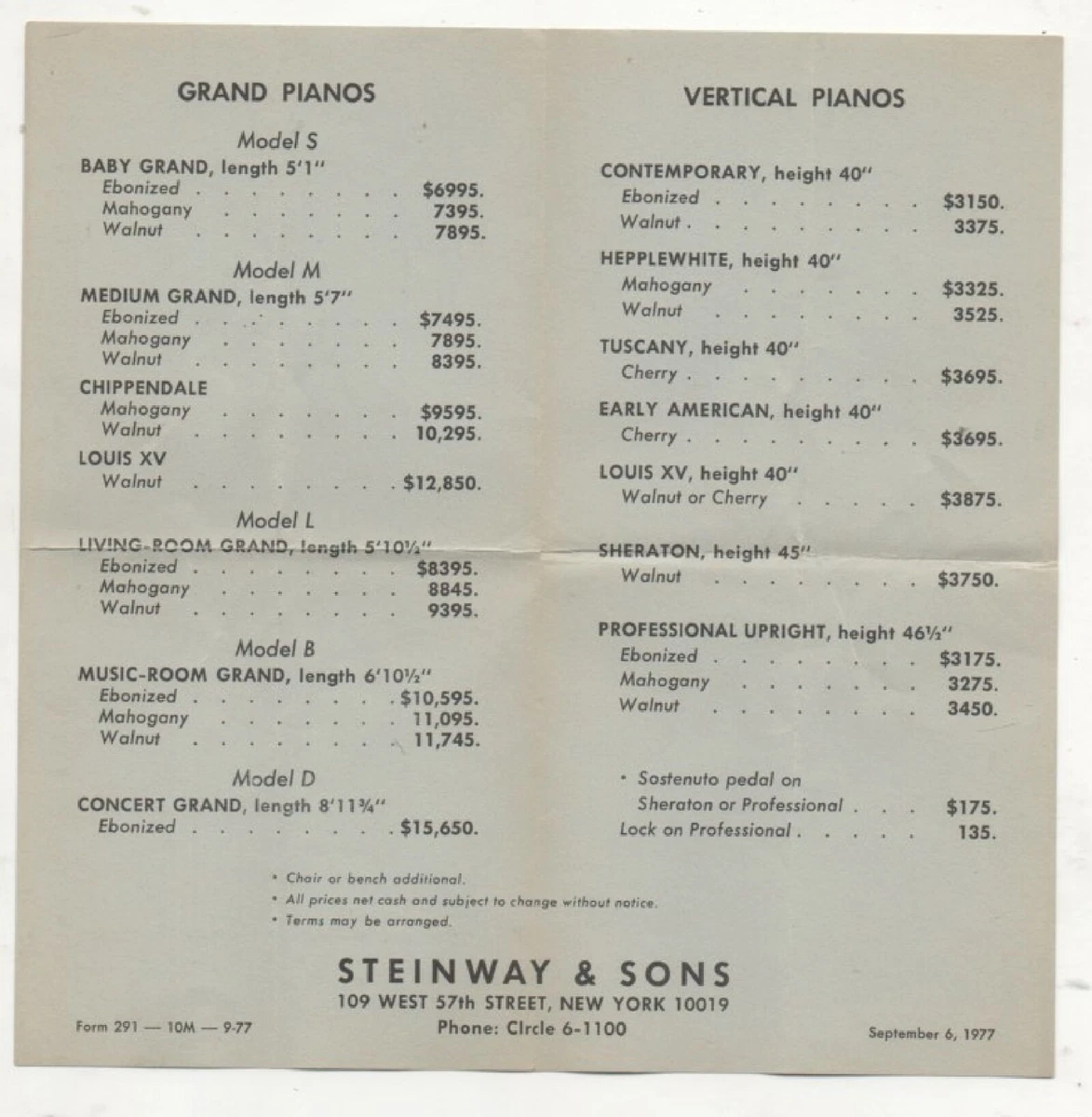 Price List Of Steinway Pianos Sept 6 1977 eBay