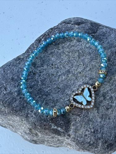 Pulsera elástica bebé azul cristal mariposa dentro del corazón con diamantes de imitación - Imagen 17 de 18