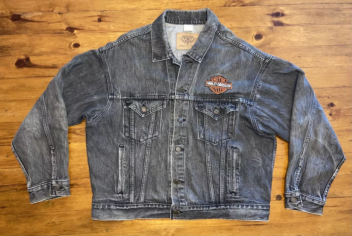 Vintage 90s Harley Davidson HD Faded Black Denim Jacket Large Patch Size XL USA